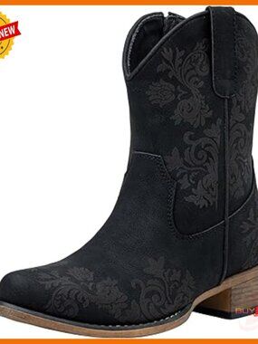 Women's Ankle Cowboy Boots Square Toe Low Heel Western Booties Zipper